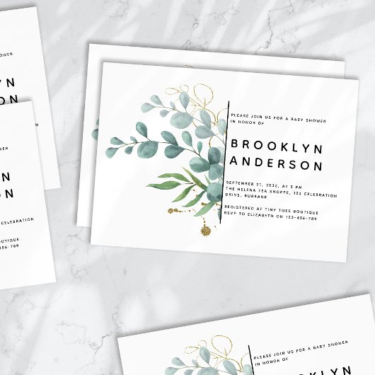 Invitation Baby shower d'huile d'or Eucalyptus Greenery
