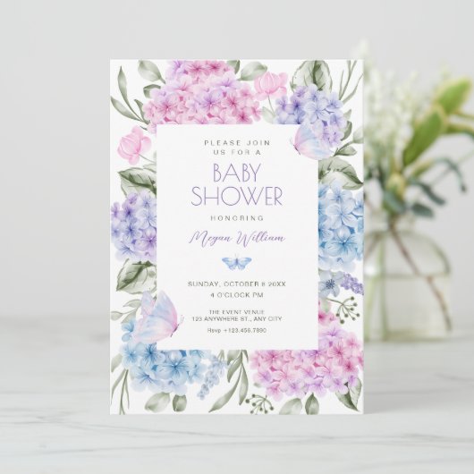 Invitation Baby shower d'hydrangée florale (Debout devant)