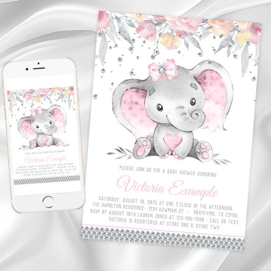 Invitation Baby shower Diamant d'éléphant rose Fille