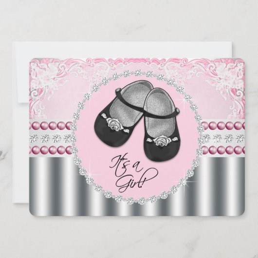 Invitation Baby Shower Diamants Roses et Perles Jolies (Devant)