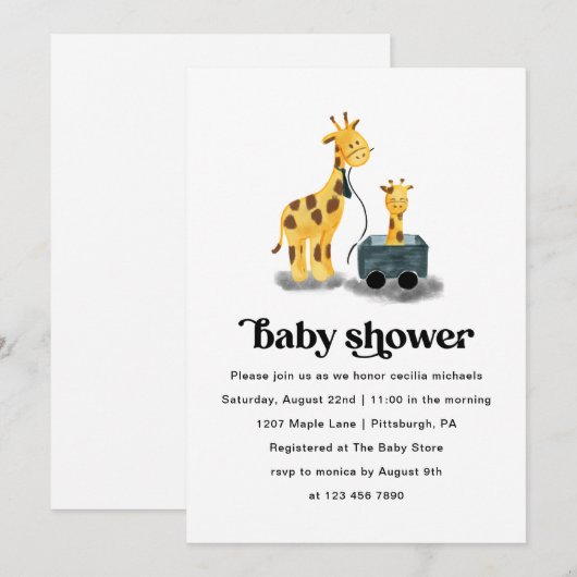 Invitation Baby shower d'illustration de la Giraffe de Cute (Devant / Derrière)