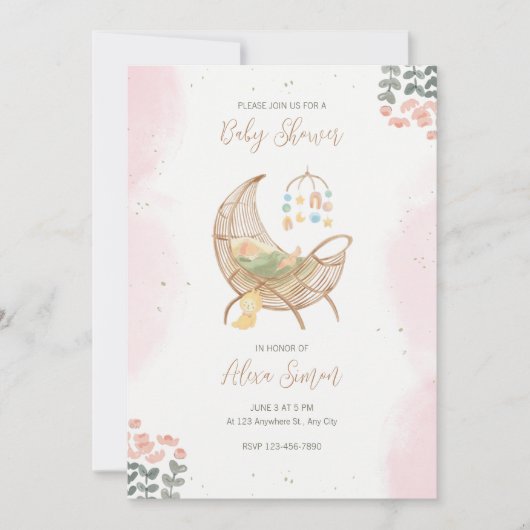Invitation Baby shower d'illustration rose et Brown (Devant)