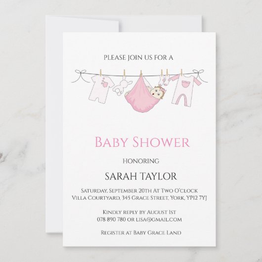 Invitation Baby shower d'illustration rose simple (Devant)