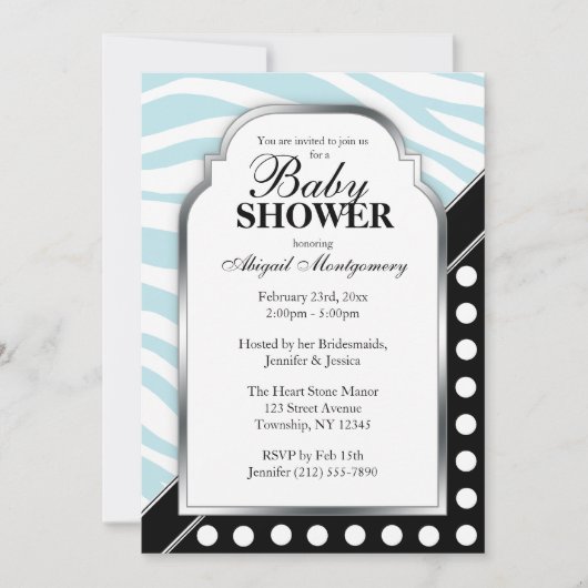 Invitation Baby shower d'impression Black Polka Dot Blue Zebr (Devant)