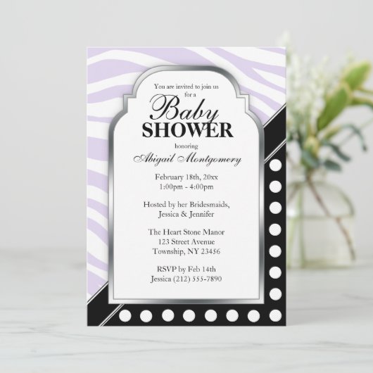 Invitation Baby shower d'impression Black Polka Dot Purple Ze (Debout devant)