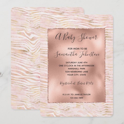 Invitation Baby shower d'impression Blush Rose Glam Gold Zebr (Devant / Derrière)