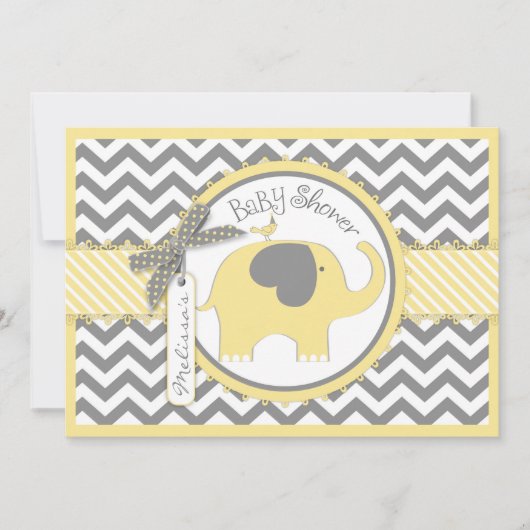 Invitation Baby shower d'impression Chevron Eléphant Jaune (Devant)