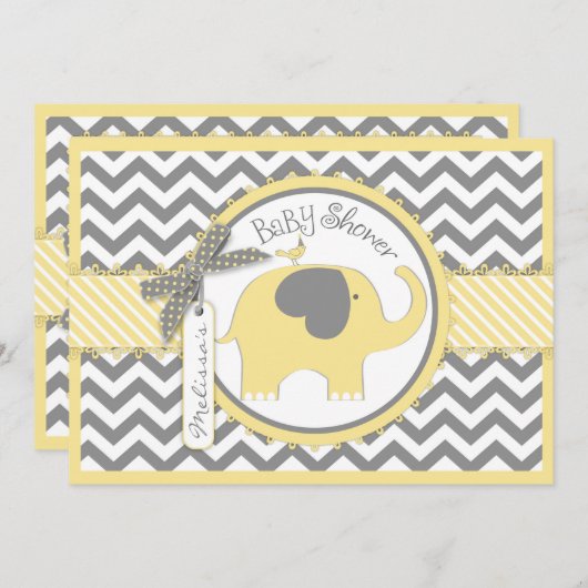 Invitation Baby shower d'impression Chevron Eléphant Jaune (Devant / Derrière)
