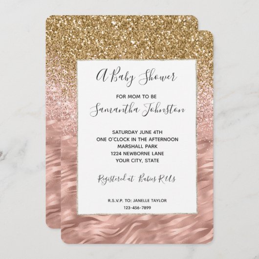 Invitation Baby shower d'impression Chic rose Glitz Zebra (Devant / Derrière)