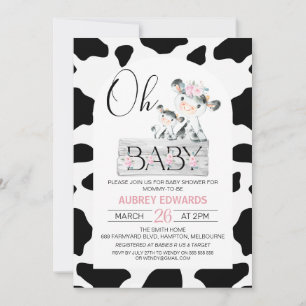 Invitation Baby shower d'impression de vache noire rose