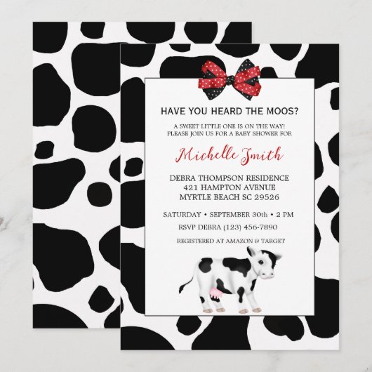 Invitation Baby shower d'impression de vaches rouges et noire (Devant / Derrière)