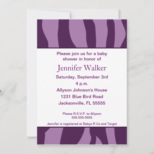 Invitation Baby shower d'impression de zèbre - pourpre (Devant)
