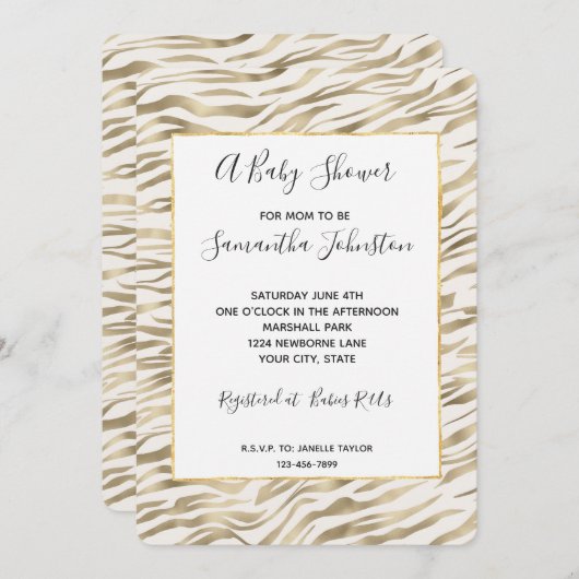 Invitation Baby shower d'impression Gold Zebra (Devant / Derrière)