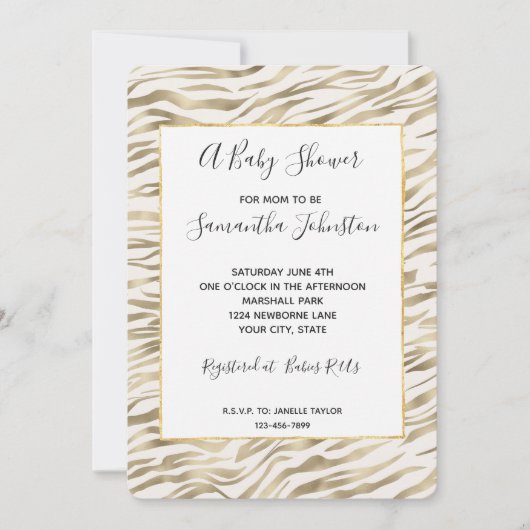 Invitation Baby shower d'impression Gold Zebra (Devant)