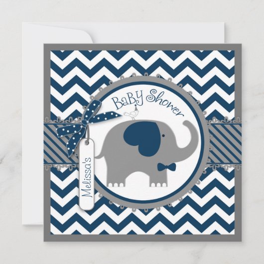 Invitation Baby shower d'impression Navy Elephant et Chevron (Devant)