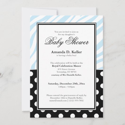 Invitation Baby shower d'impression noir Polka Dot Blue Zebra (Devant)