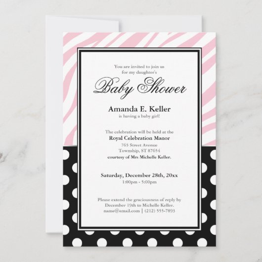 Invitation Baby shower d'impression noir Polka Dot rose Zebra (Devant)