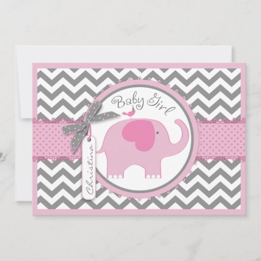Invitation Baby shower d'impression Pink Elephant Bird et Che (Devant)