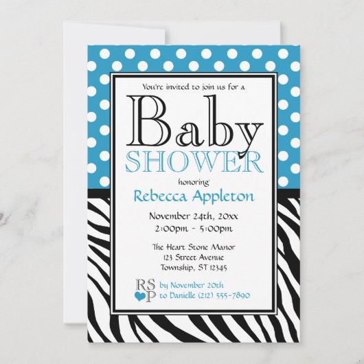 Invitation Baby shower d'impression Polka Dot Blue & Zebra (Devant)