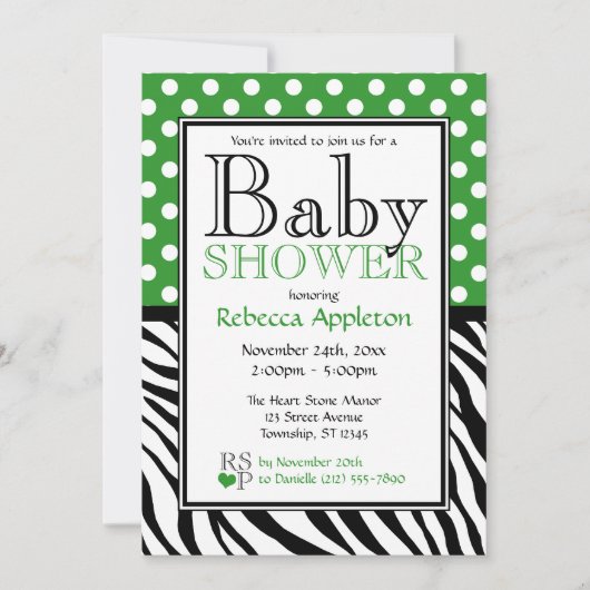 Invitation Baby shower d'impression Polka Dot Green et Zebra (Devant)
