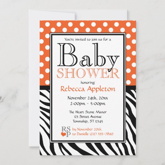 Invitation Baby shower d'impression Polka Dot Orange et Zebra (Devant)