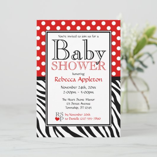 Invitation Baby shower d'impression Polka Dot Red & Zebra (Debout devant)