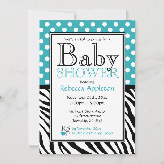 Invitation Baby shower d'impression Polka Dot Turquoise & Zeb (Devant)