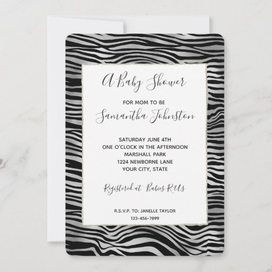 Invitation Baby shower d'impression Silver Black Zebra (Devant)