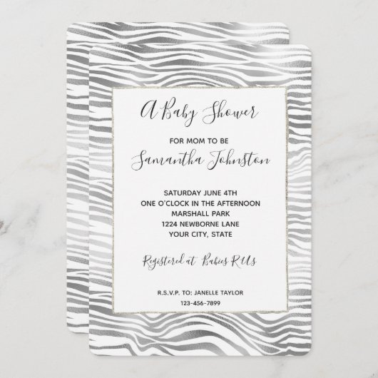 Invitation Baby shower d'impression Silver White Zebra (Devant / Derrière)