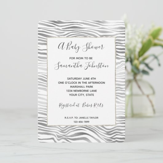 Invitation Baby shower d'impression Silver White Zebra (Debout devant)