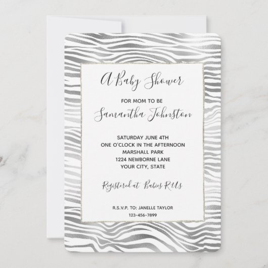 Invitation Baby shower d'impression Silver White Zebra (Devant)