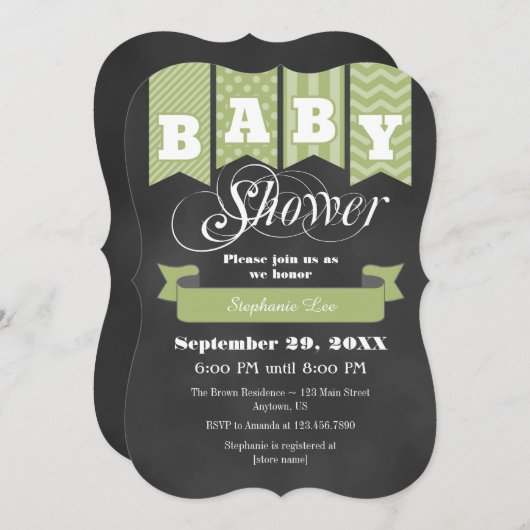Invitation Baby shower d'indicateur Sage Green Chalkboard Inv (Devant / Derrière)
