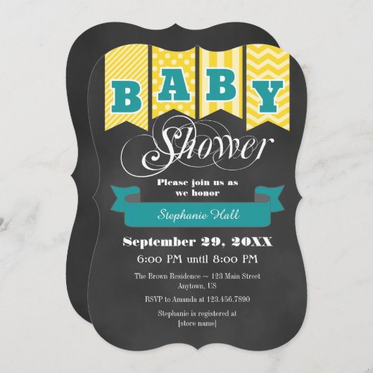 Invitation Baby shower d'indicateur Turquoise Jaune Invitatio (Devant / Derrière)