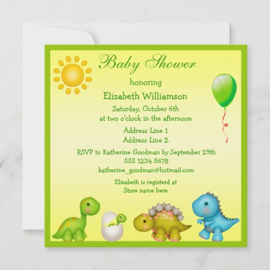Invitation Baby shower Dino & Dinosaurs, nouveau bébé à l'écl (Devant)