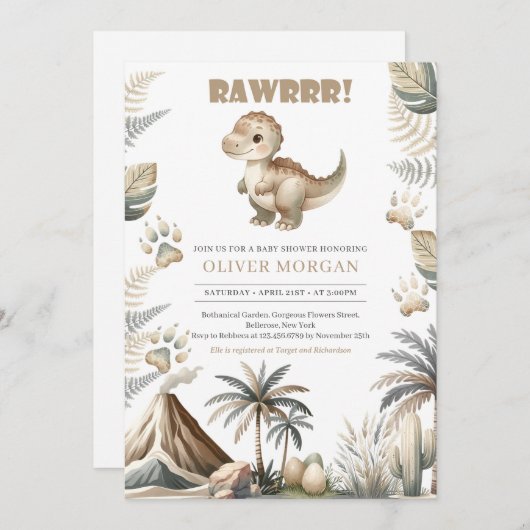 Invitation Baby shower Dino neutre pour les femmes (Devant / Derrière)