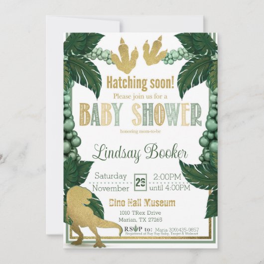 Invitation Baby shower Dino-Rific en or (Devant)