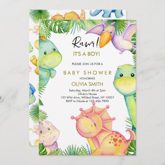 Invitation Baby shower Dinosaur (Devant / Derrière)
