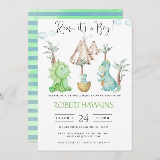 Invitation Baby shower Dinosaur Boy (Devant / Derrière)