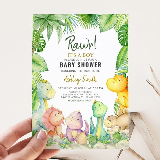 Invitation Baby shower Dinosaur Boy verdoyant