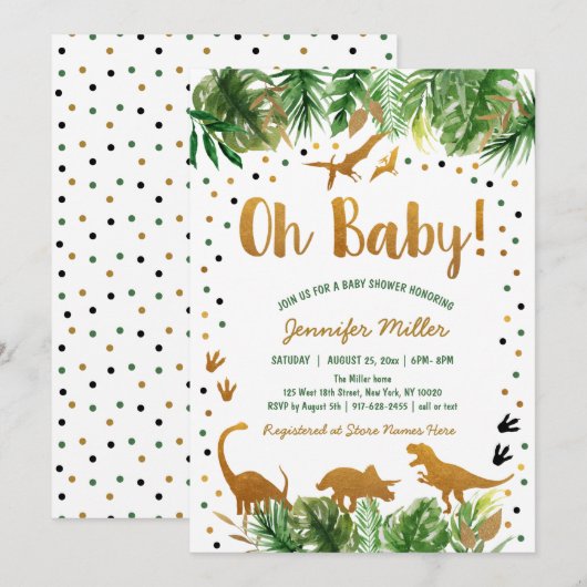 Invitation Baby shower Dinosaur Green Gold Safari (Devant / Derrière)