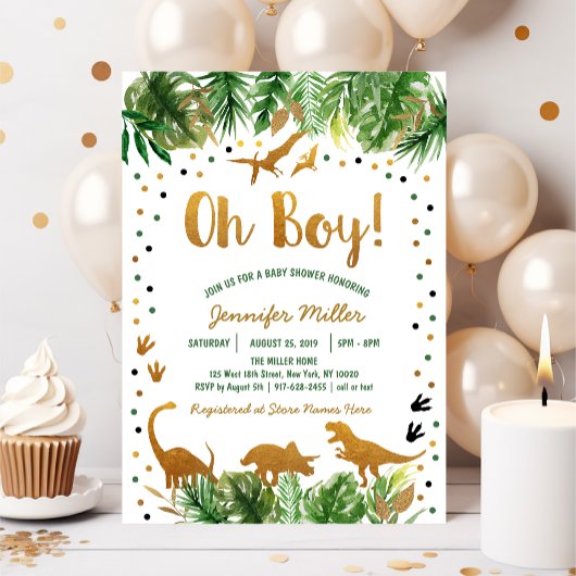 Invitation Baby shower Dinosaur Green & Gold Safari