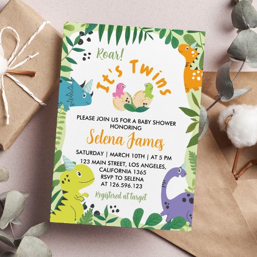 Invitation Baby shower Dinosaur Twins