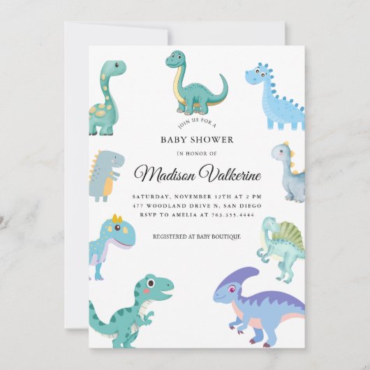 Invitation Baby Shower Dinosaure Élégant Blanc (Devant)