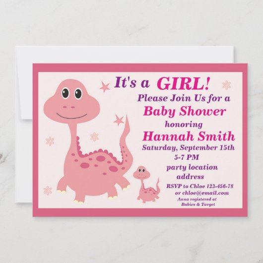 Invitation baby shower dinosaure rose (Devant)