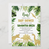 Invitation Baby Shower Dinosaure Vert et Or (Devant)