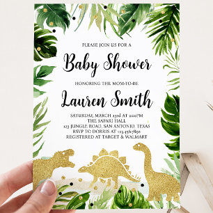 Invitation Baby Shower Dinosaure Vert et Or