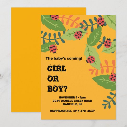 Invitation Baby shower d'insecte de femme jaune (Devant / Derrière)