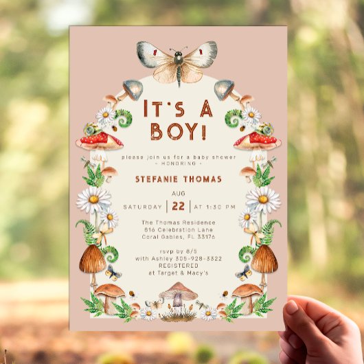 Invitation Baby shower d'insectes et de champignon