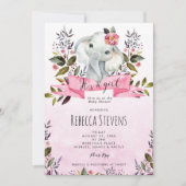 Invitation baby shower d'invitation à l'éléphant rose floral  (Devant)