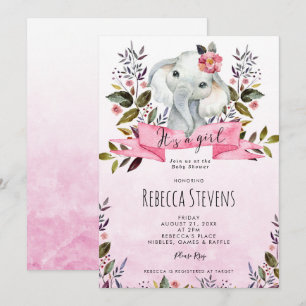 Invitation baby shower d'invitation à l'éléphant rose floral 